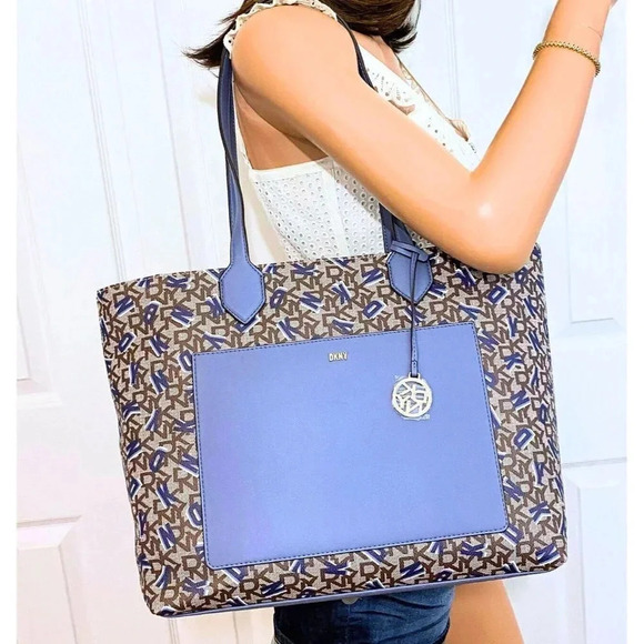 DKNY Shoulder Tote Satchel Bag Monogram Print Blue, Brown NWT - Picture 9 of 13